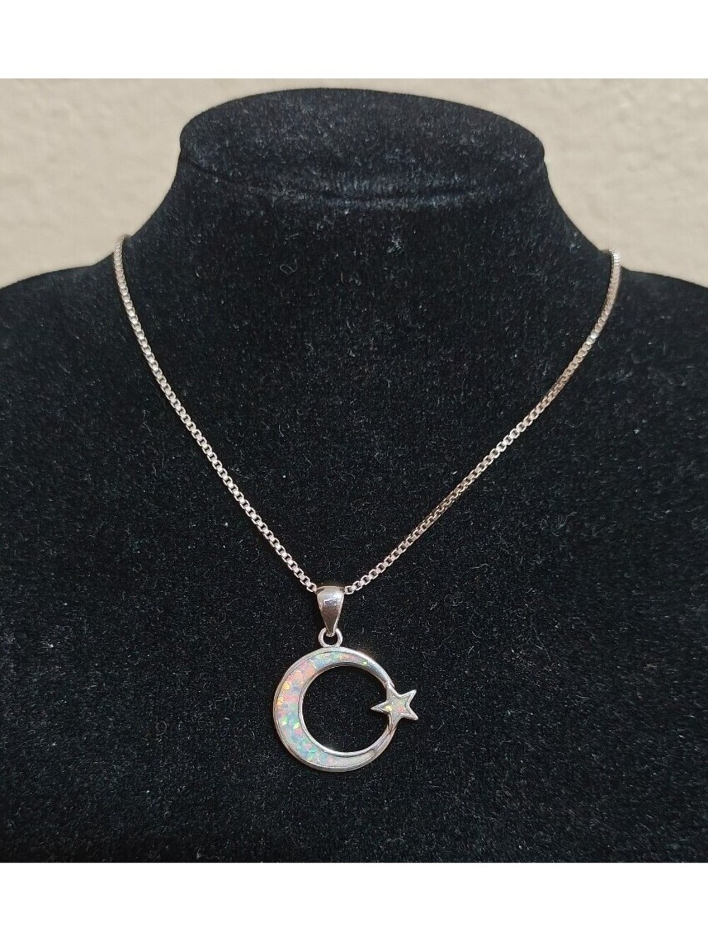 Dainty 925 Sterling Silver White Fire Opal Moon & Star Celestial Necklace